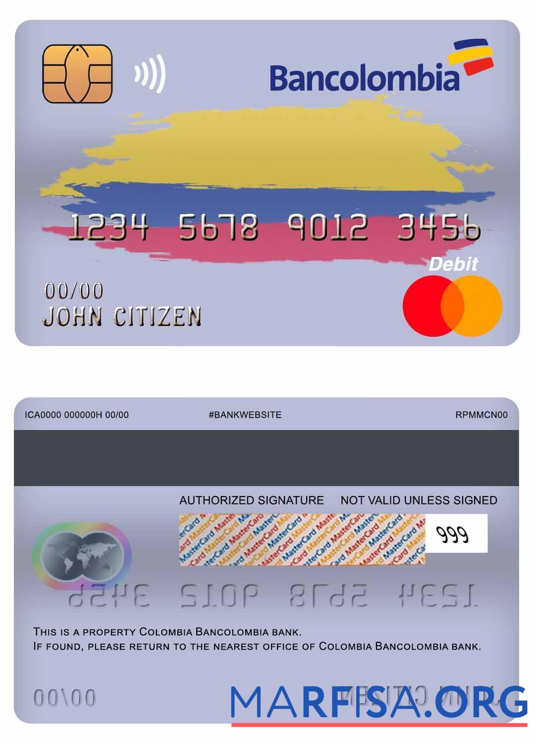 Printable Colombia Bancolombia bank master debit card sample
